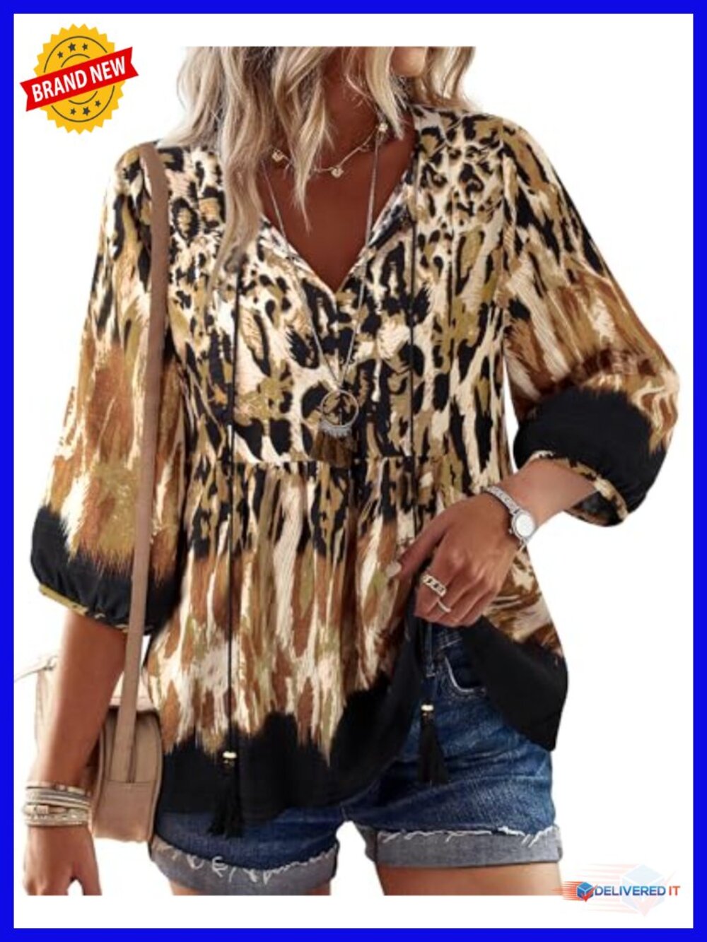 Boho Babydoll Tunic Tops for Women 3/4 Sleeve Pleated Peplum V-Neck Floral